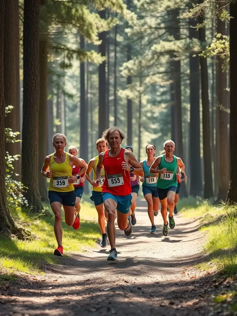 A group of runners participating in a cross-country race through a forest, showcasing the ASSOCIATION COUREURS VALLEE ANDELLE's focus on outdoor athletic activities.
