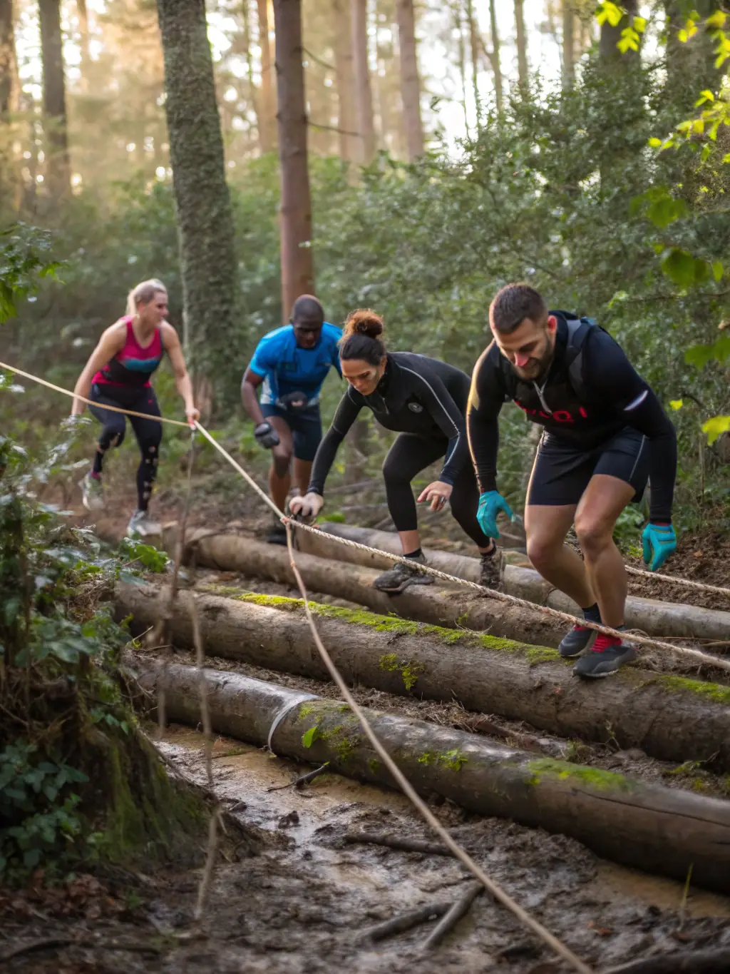 A group of runners participating in a cross-country race through a forest, showcasing the ASSOCIATION COUREURS VALLEE ANDELLE's focus on outdoor athletic activities.