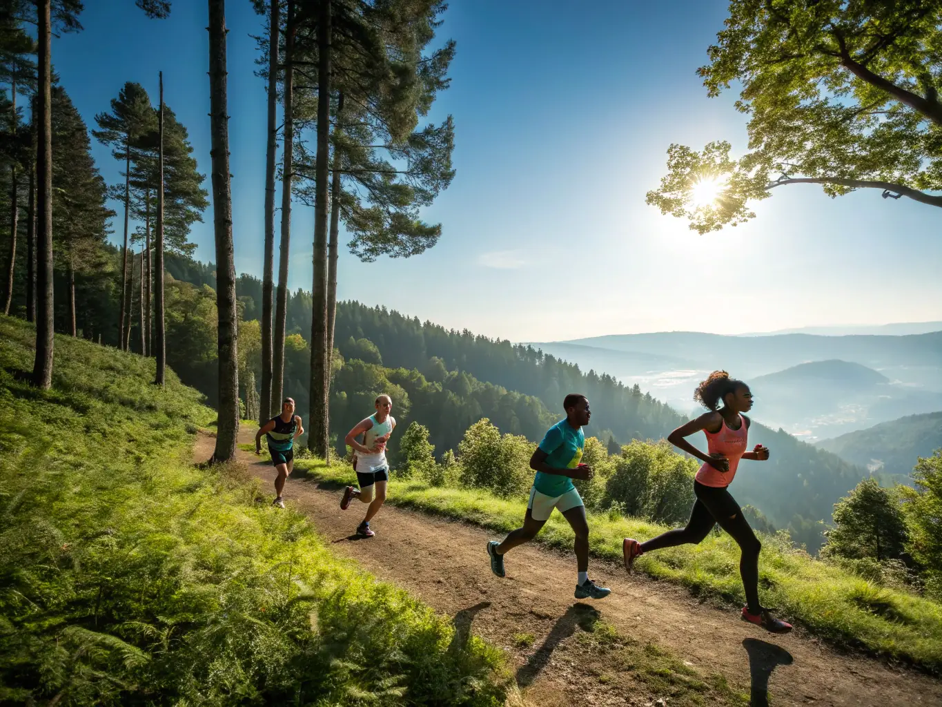 A group of runners participating in a cross-country race through a scenic forest trail, showcasing the ASSOCIATION COUREURS VALLEE ANDELLE's commitment to outdoor fitness and community engagement.