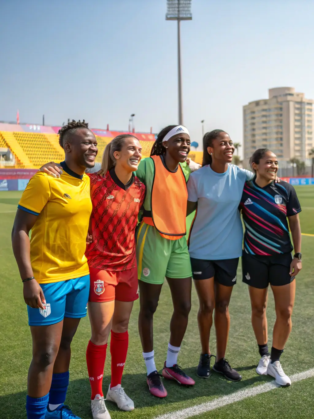 A diverse group of athletes stretching and warming up before a track and field event, highlighting the ASSOCIATION COUREURS VALLEE ANDELLE's commitment to inclusivity.