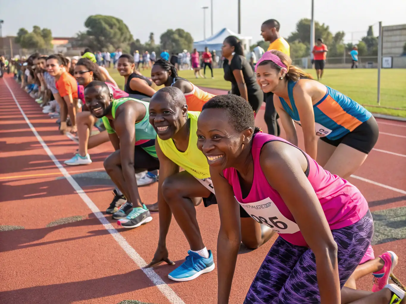 A photograph of a diverse group of individuals participating in a track and field training session, emphasizing inclusivity and accessibility.