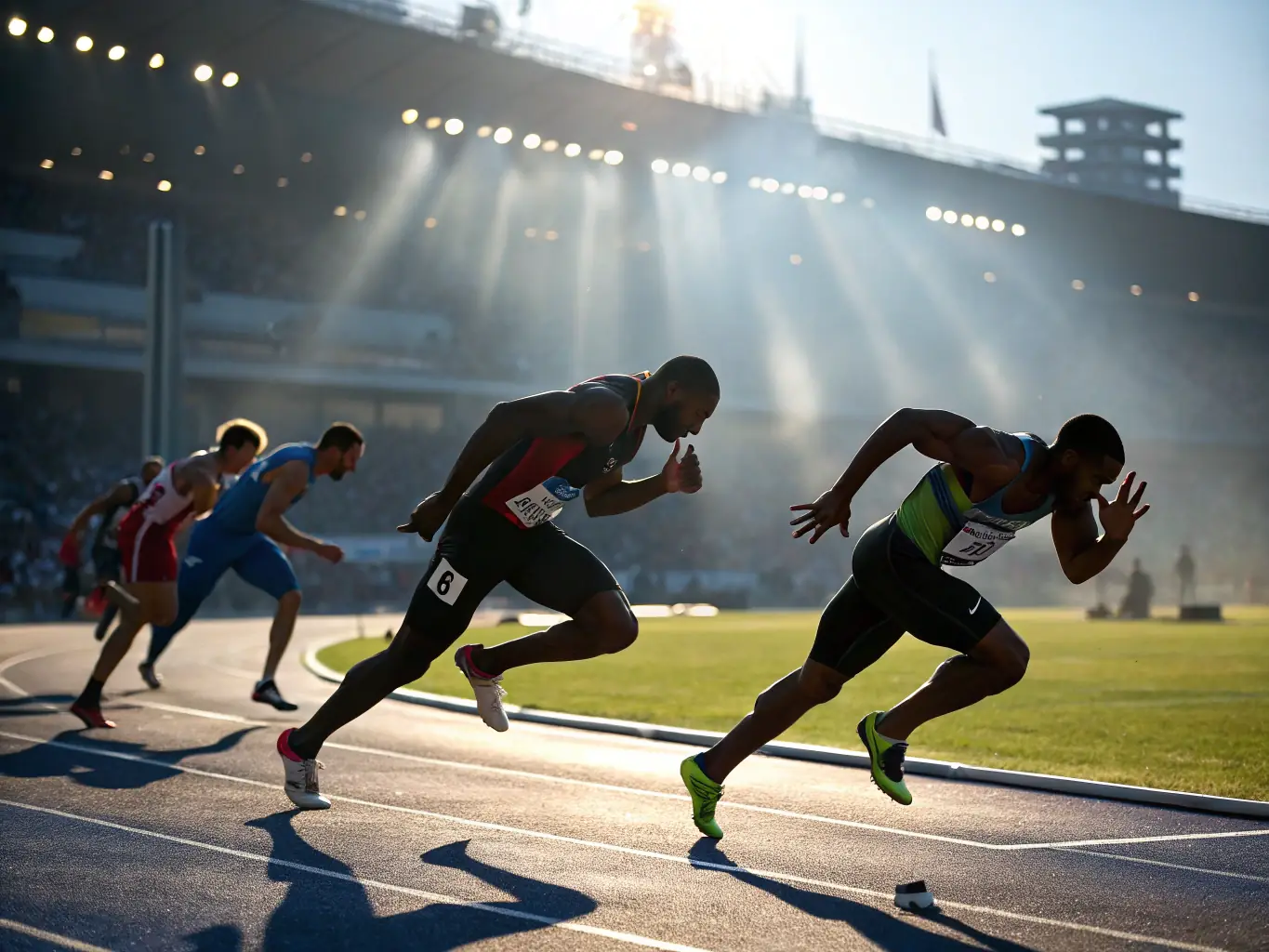 A diverse group of athletes participating in a track and field training session at a local stadium, emphasizing the ASSOCIATION COUREURS VALLEE ANDELLE's focus on inclusivity and skill development.