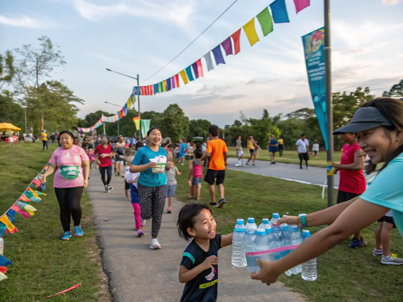 A community event organized by ASSOCIATION COUREURS VALLEE ANDELLE, featuring families and individuals participating in a fun run, highlighting the organization's dedication to promoting health and wellness for all ages.