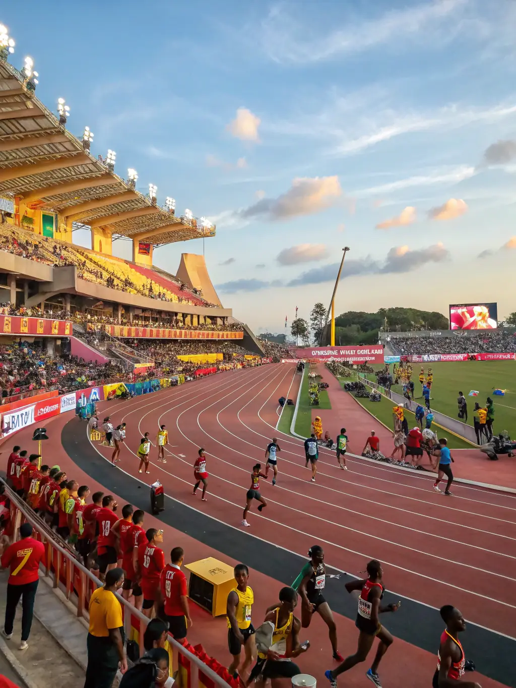 A diverse group of athletes stretching and warming up before a track and field session, highlighting the ASSOCIATION COUREURS VALLEE ANDELLE's inclusive approach.