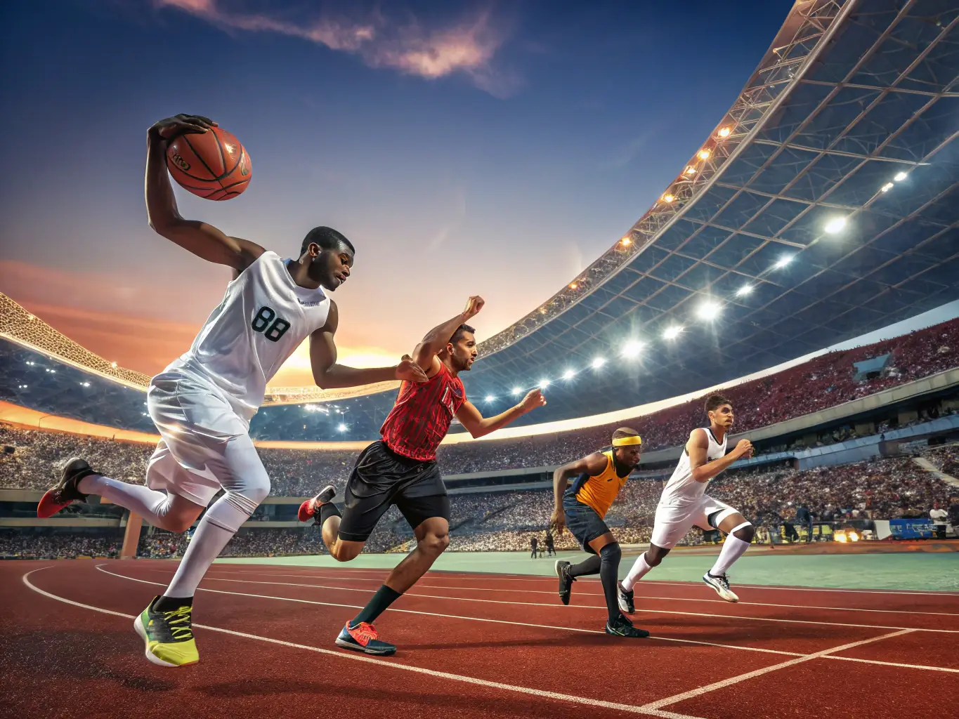 A dynamic image of athletes stretching and preparing before a track and field event, highlighting the training and preparation involved in ASSOCIATION COUREURS VALLEE ANDELLE programs.